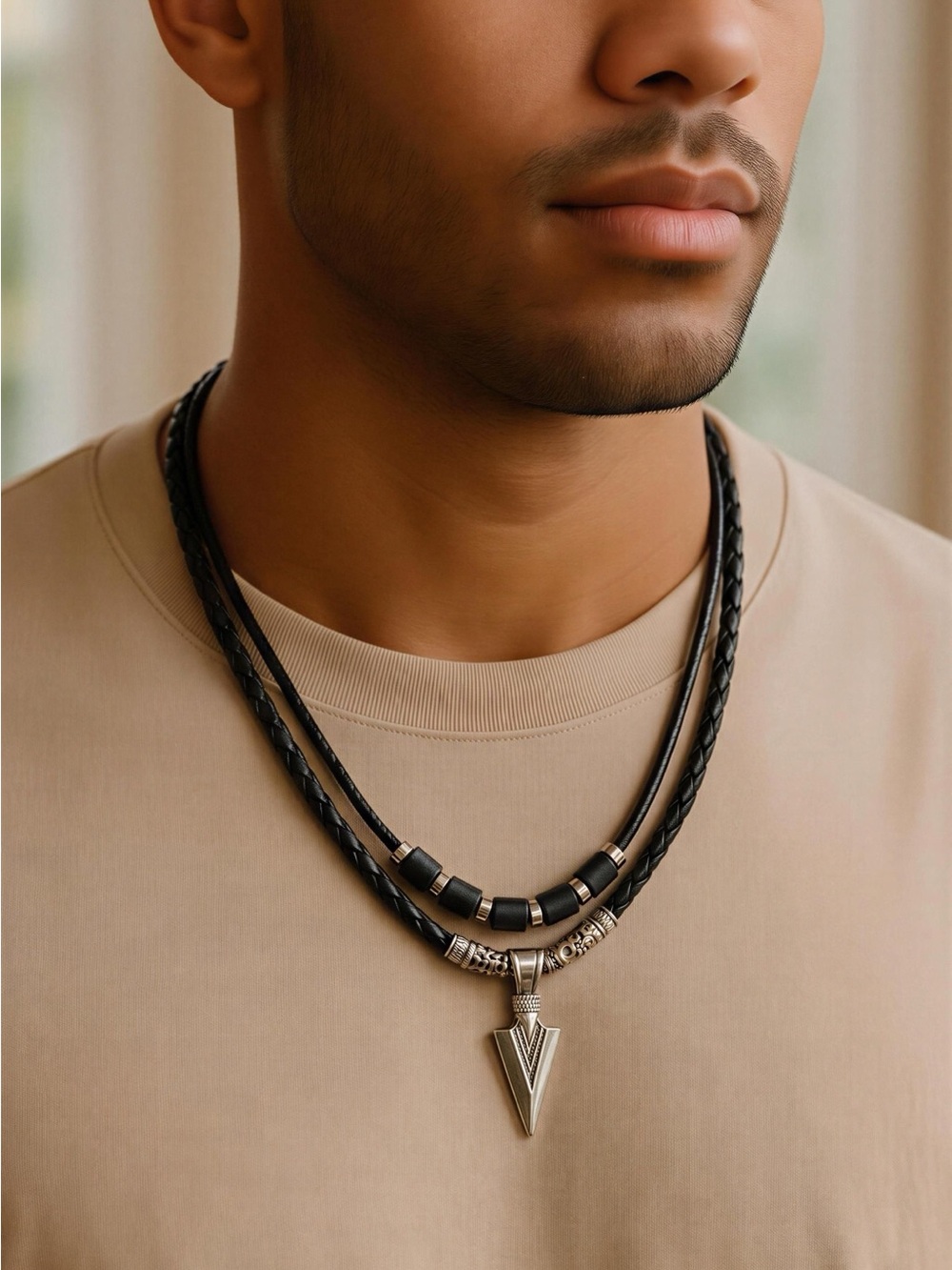 Men's Black Braided Leather Necklace with Silver Arrowhead Pendant